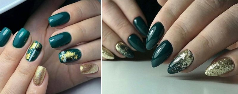 зеленый маникюр с золотым коллажем